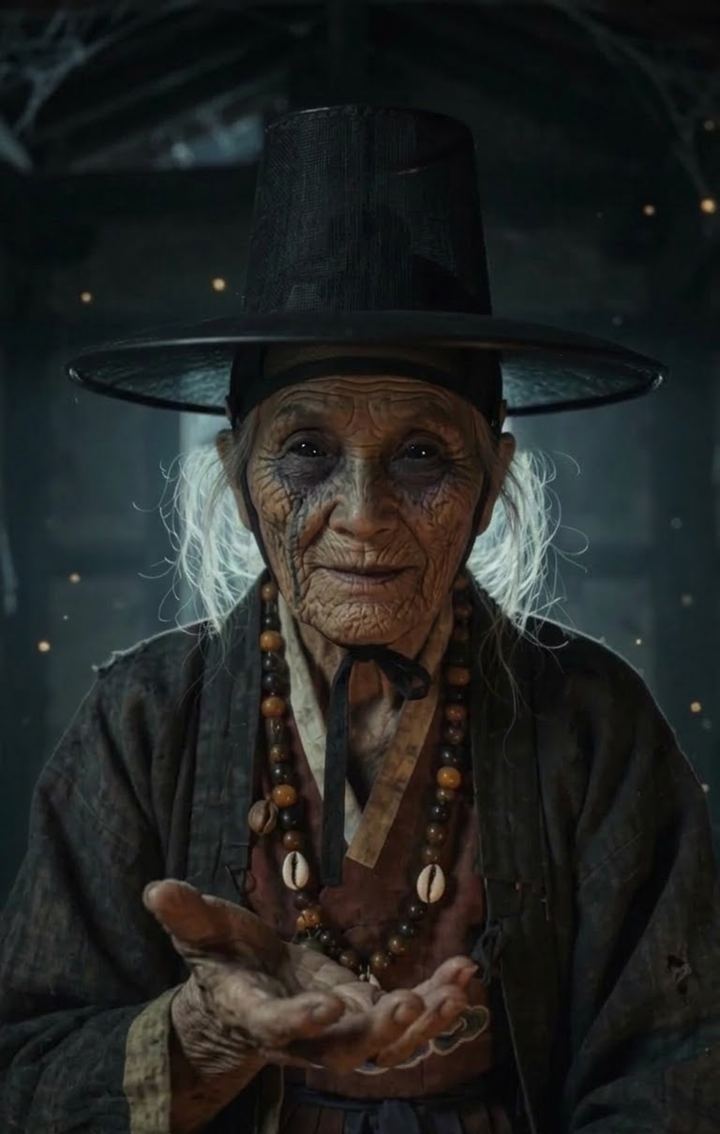 Mansin Ok, an old Korean shaman in a tall black gat, holding out her open palm by candlelight